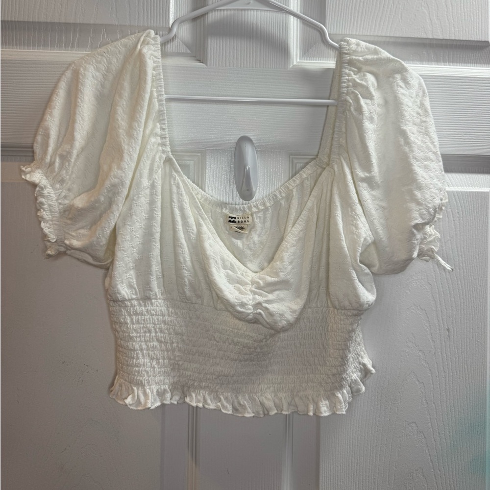 Billabong White Smocked Puff Sleeve Crop Top